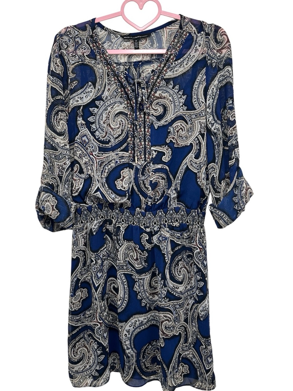 NWOT White House Black Market Blue Paisley Smocked Dress Size 8 -